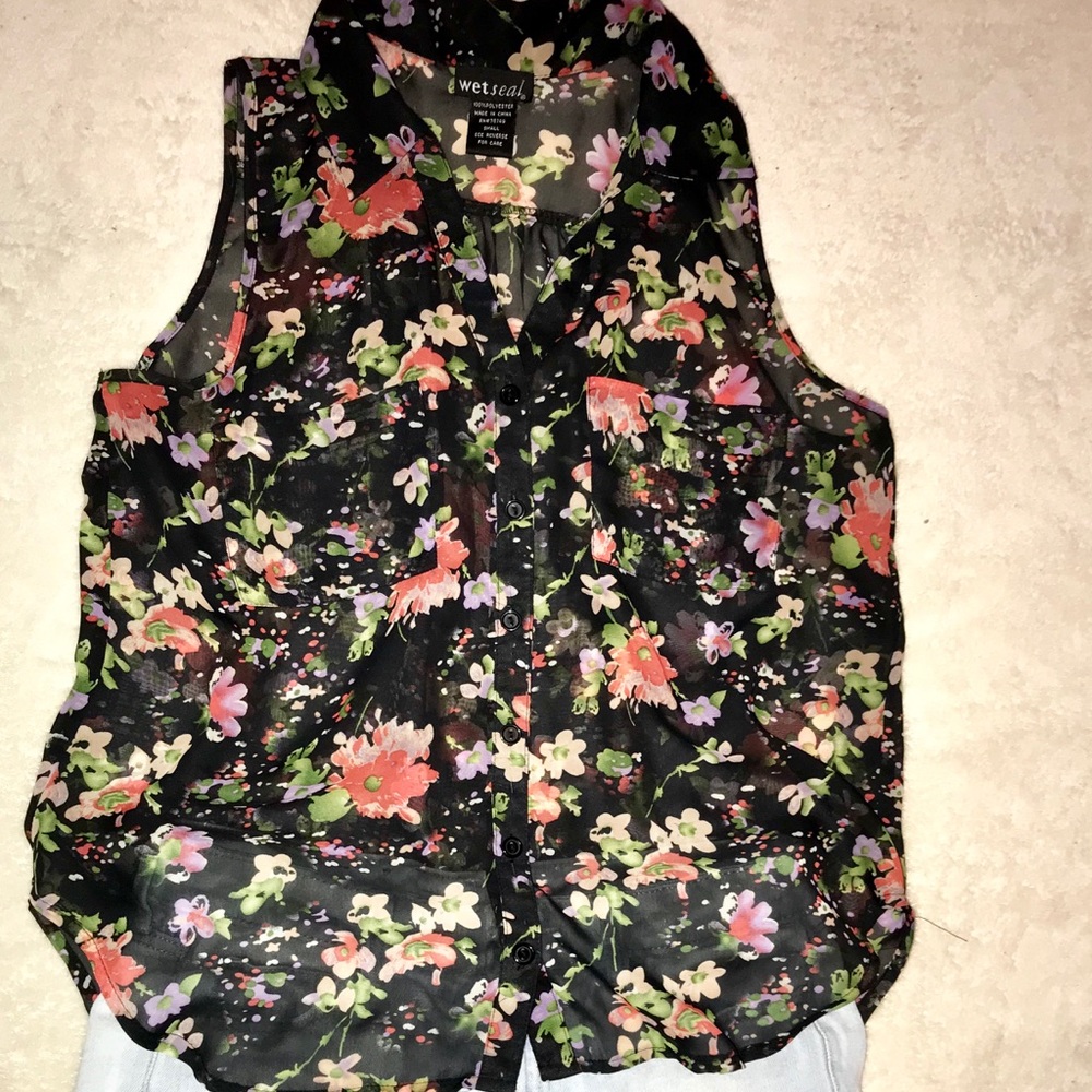 Floral, sheer, button up shirt